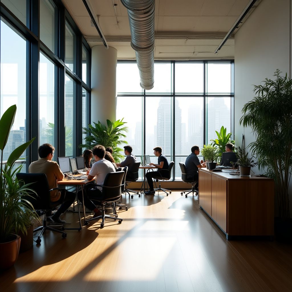 Oficina moderna y colaborativa con vistas a la ciudad