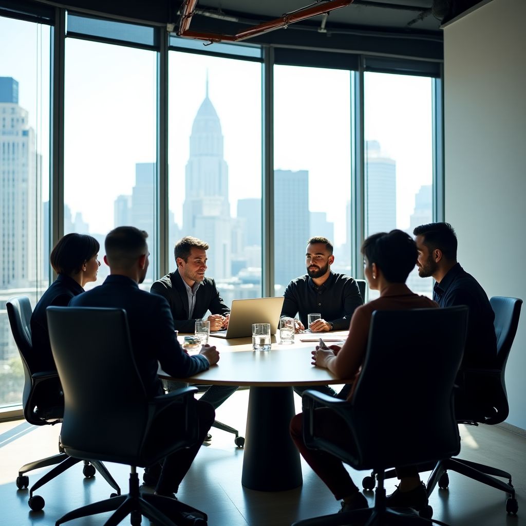 Equipo de consultores financieros en una moderna oficina en Chile